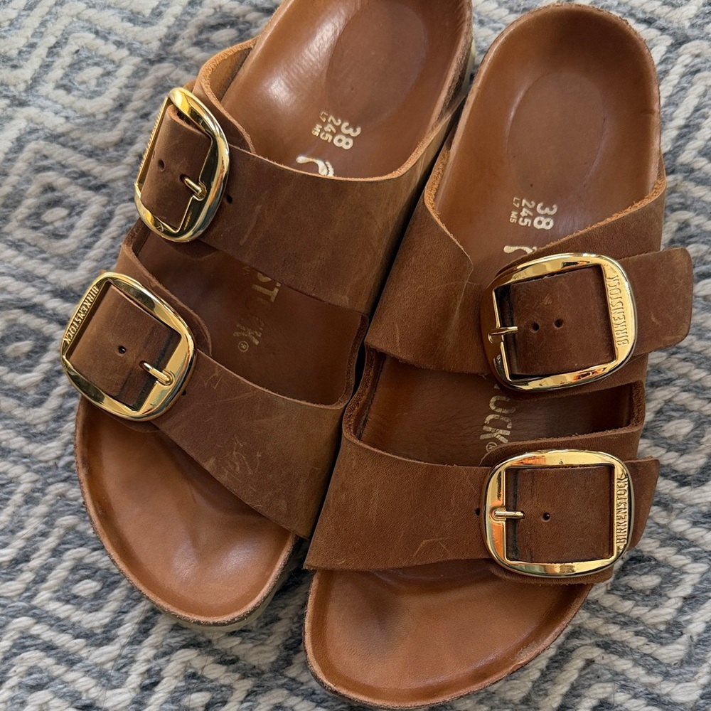 Birkenstock Brown Sandals with Gold Buckles - big buckle
